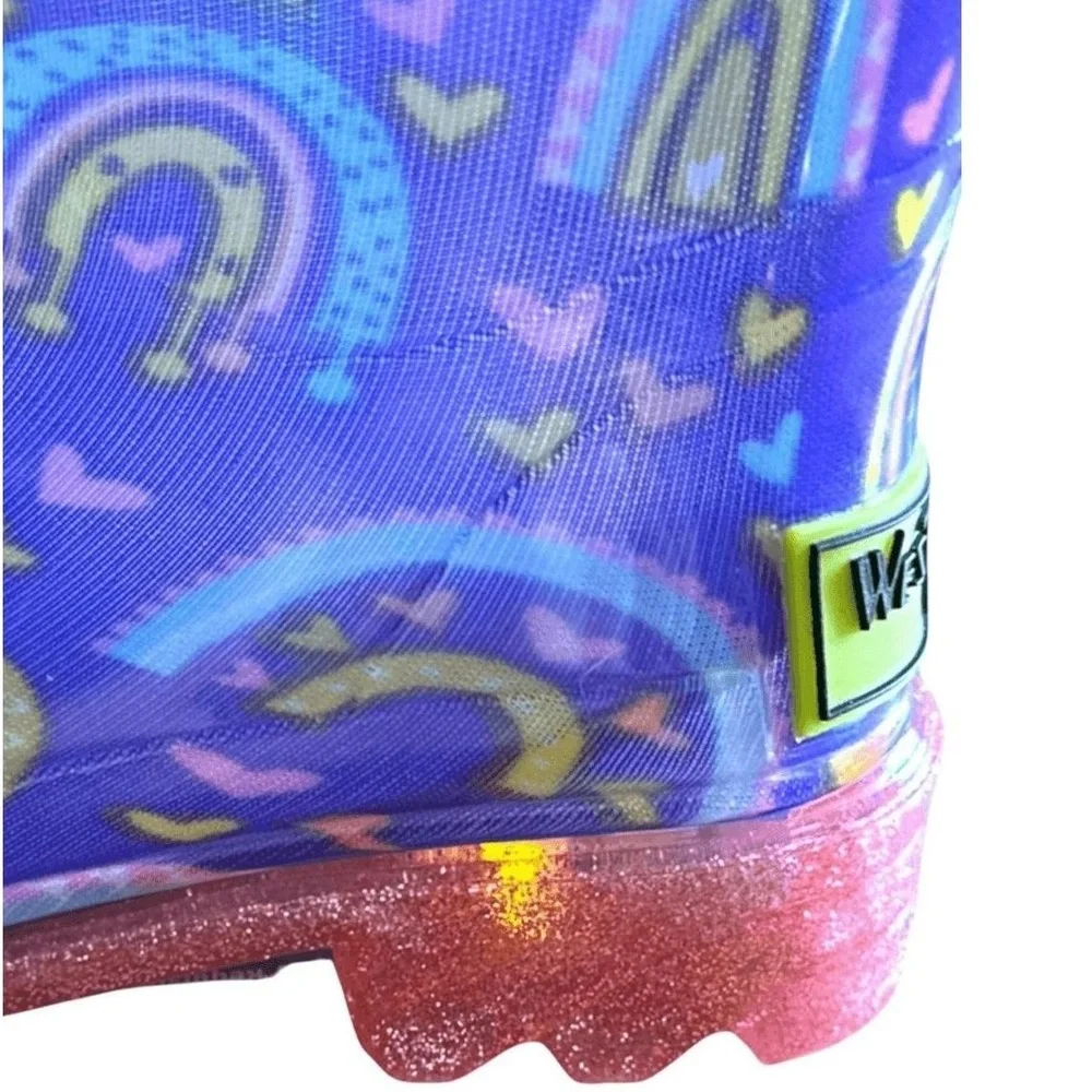 NWT Western Chief Toddler Girls‎ Abby Rainbow Hearts Glitter Light-Up Rain Boots
